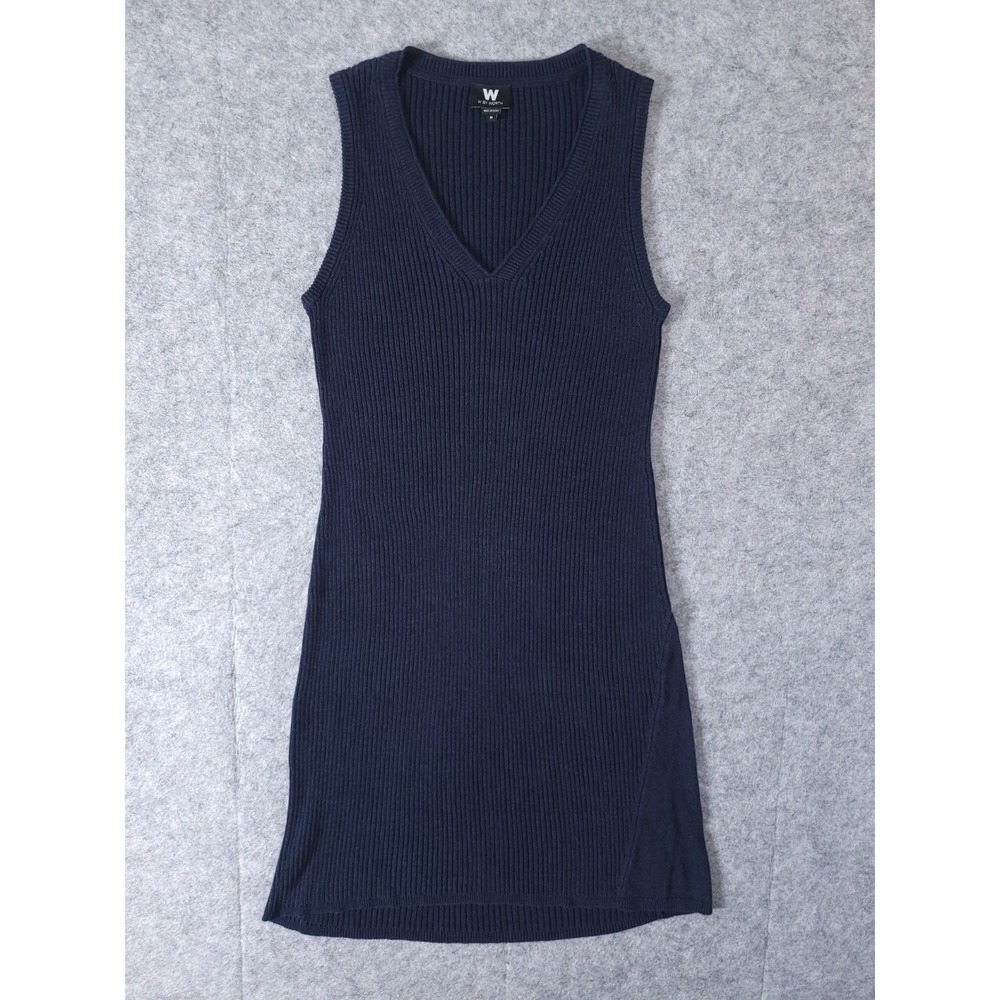 W WORTH Womens Sweater Dress Blue Ribbed Stretch Knit Sleeveless V-Neck Medium